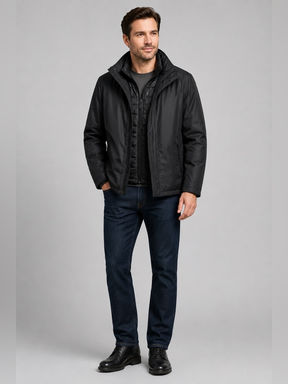Vince Camuto Men’s Large Black Jacket Attached Quilted Bib Full Zip NWOT